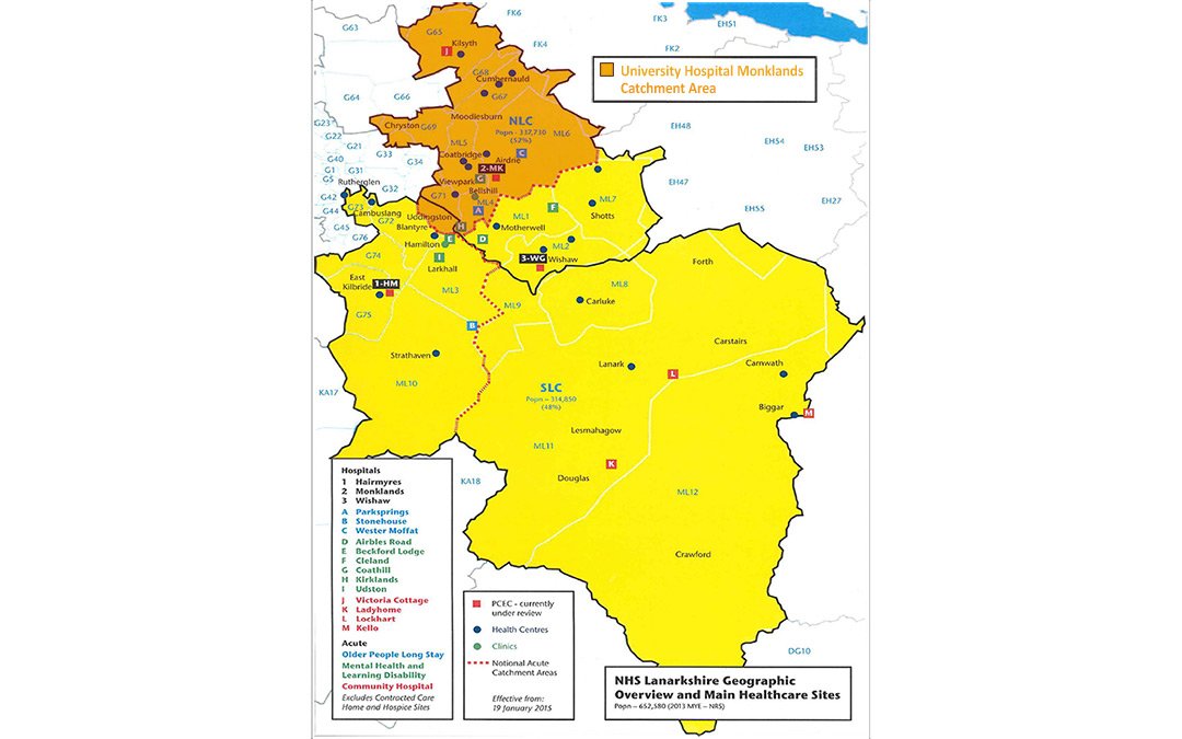 map of catchment area for Monklands University Hospital