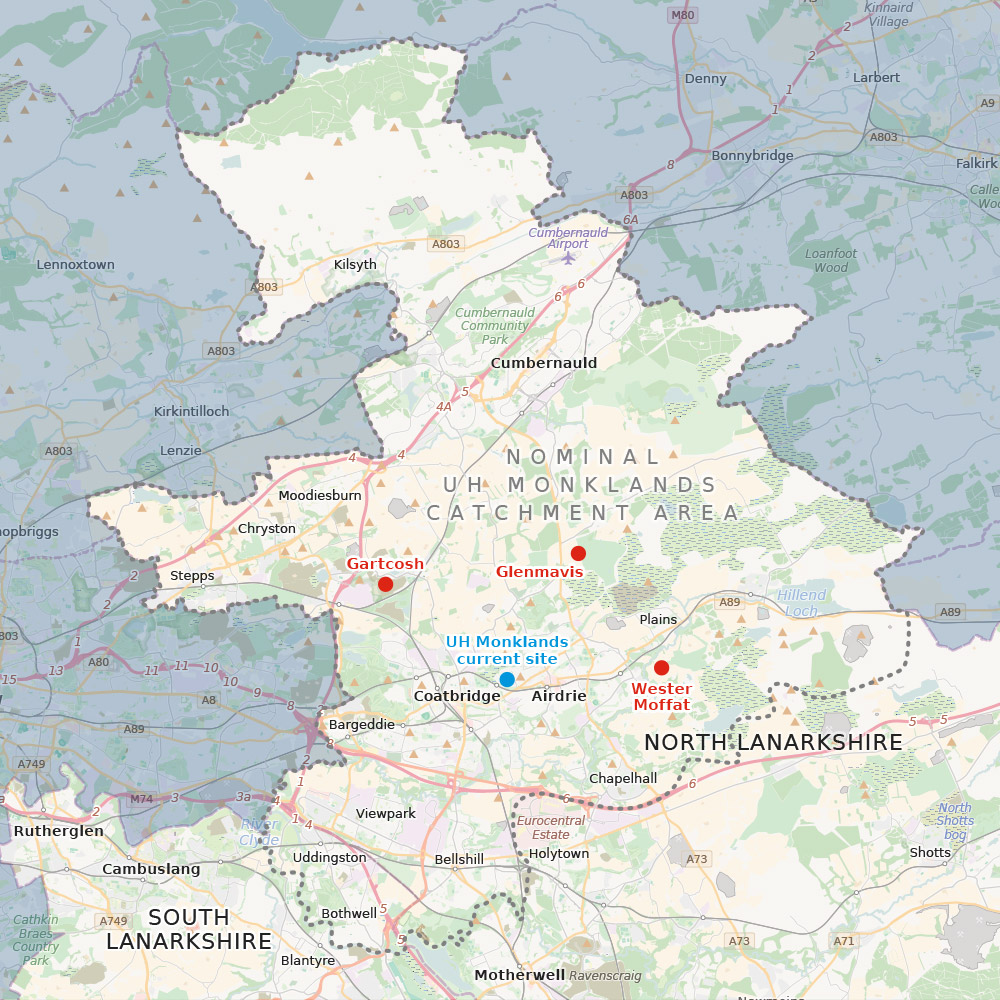 MRP-3-sites-map-(catchment)-v2 map of north and south lanarkshire showing possible locations for the new Monklands University Hospital
