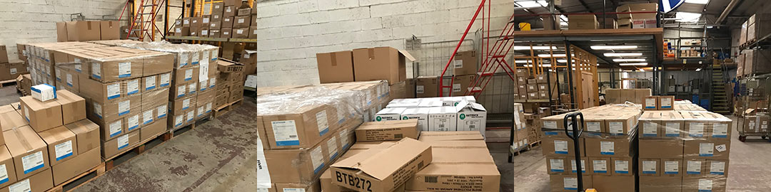 Delivery of multiple boxes of personal protective equipment (PPE) in a warehouse