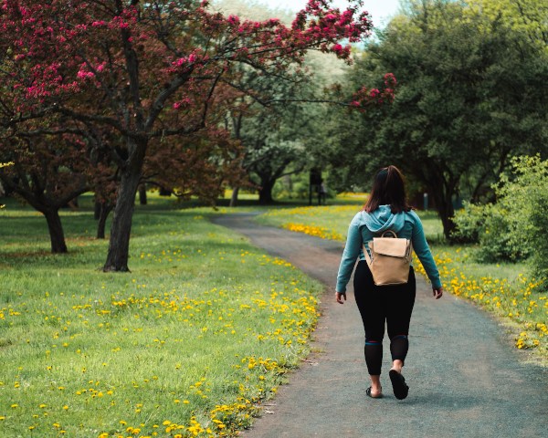 person walking through a park