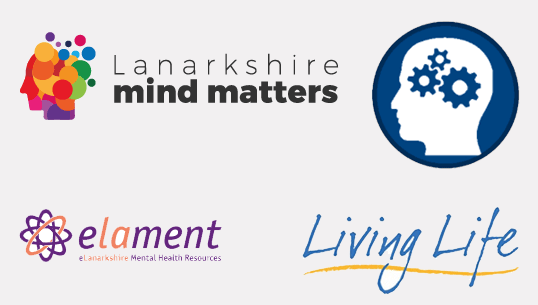 Logos for Lanarkshire Mind Matters, Elament, Living Life and Psychosocial Mental Health & Wellbeing