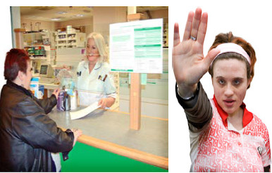 a person at a pharmacy next to a person holding out there hand indicating to stop