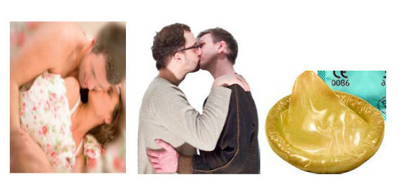 couples kissing and a condom