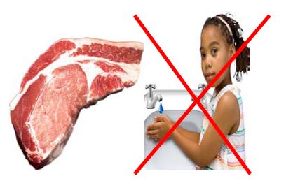meat next to a child with a red cross through her