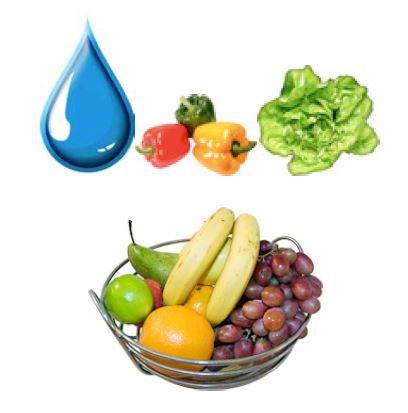 a drop of water, fruit, and vegetables