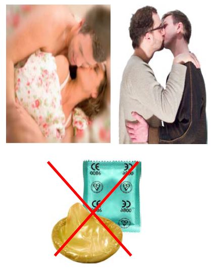 people kissing and a condom with a red cross through it