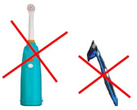 toothbrush and a razor with a red cross through them