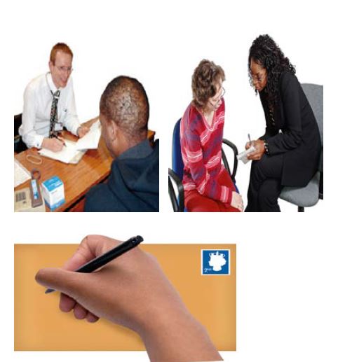 a doctor talking to a patient and writing on an envelope