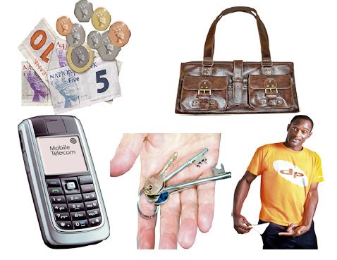 money, keys, handbag, phone