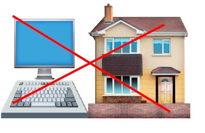 computer and a house with a red cross over them