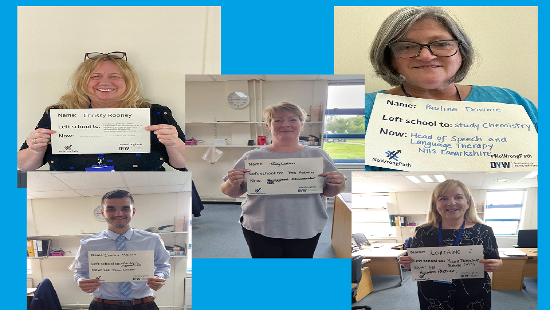 five people hold up signs with their names, what they left school to do, and what they do now