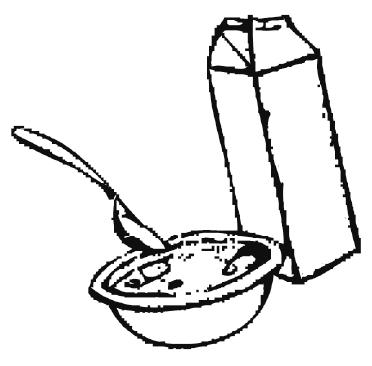 Illustration of a carton of milk and a bowl of cereal.