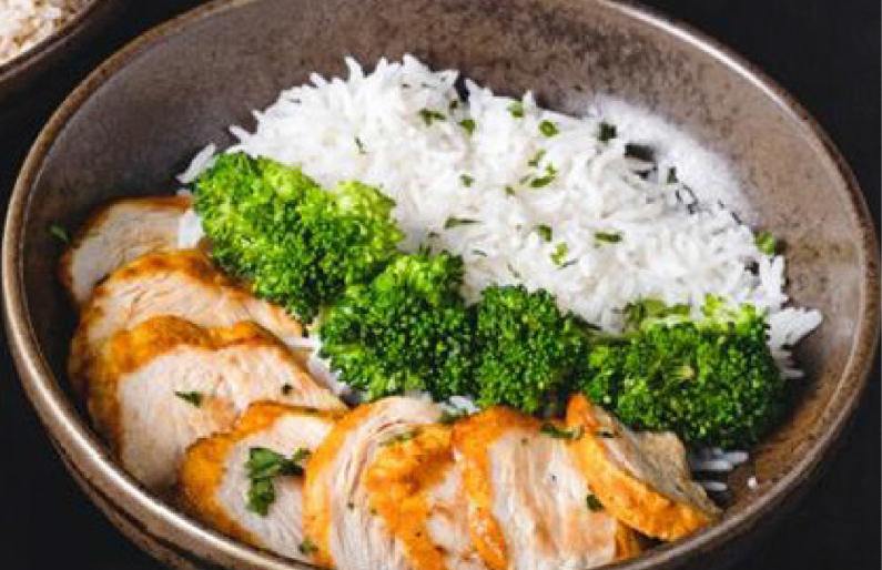 Small plate of fish, vegetables and rice