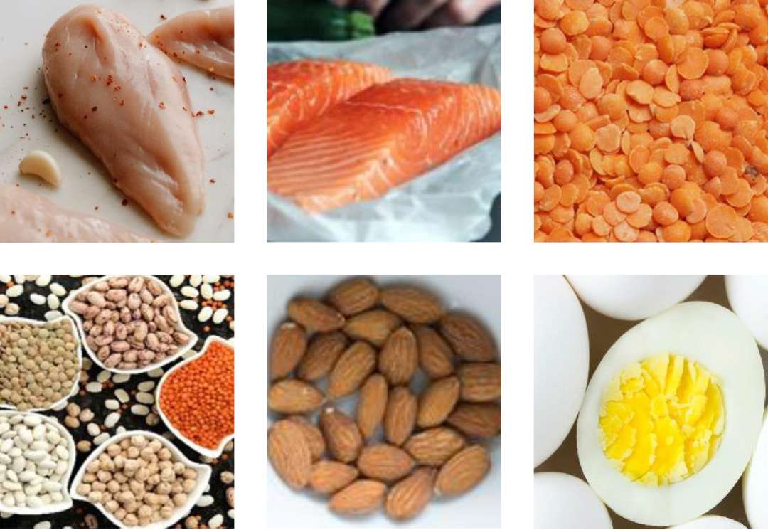 Protein foods: chicken, fish, lentils, nuts and eggs