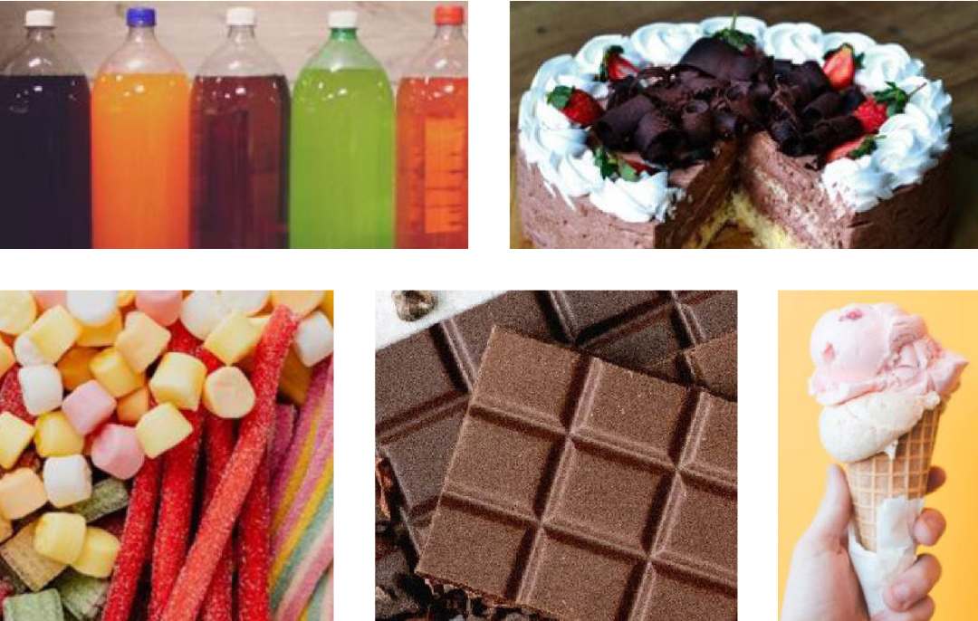 Sugar: chocolate, sweets. fizzy drinks