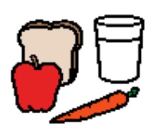 Cartoon of bread, apple, carrot and milk