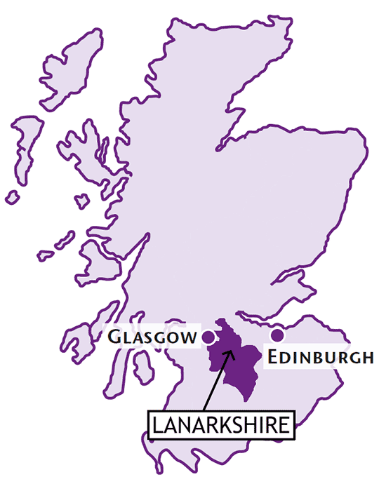 Map of Scotland showing Lanarkshire, Glasgow and Edinburgh in the central belt