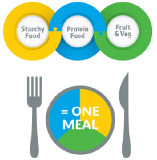Starchy Foods, Protein Foods, Fruit and Veg. One third of each make up one full meal.