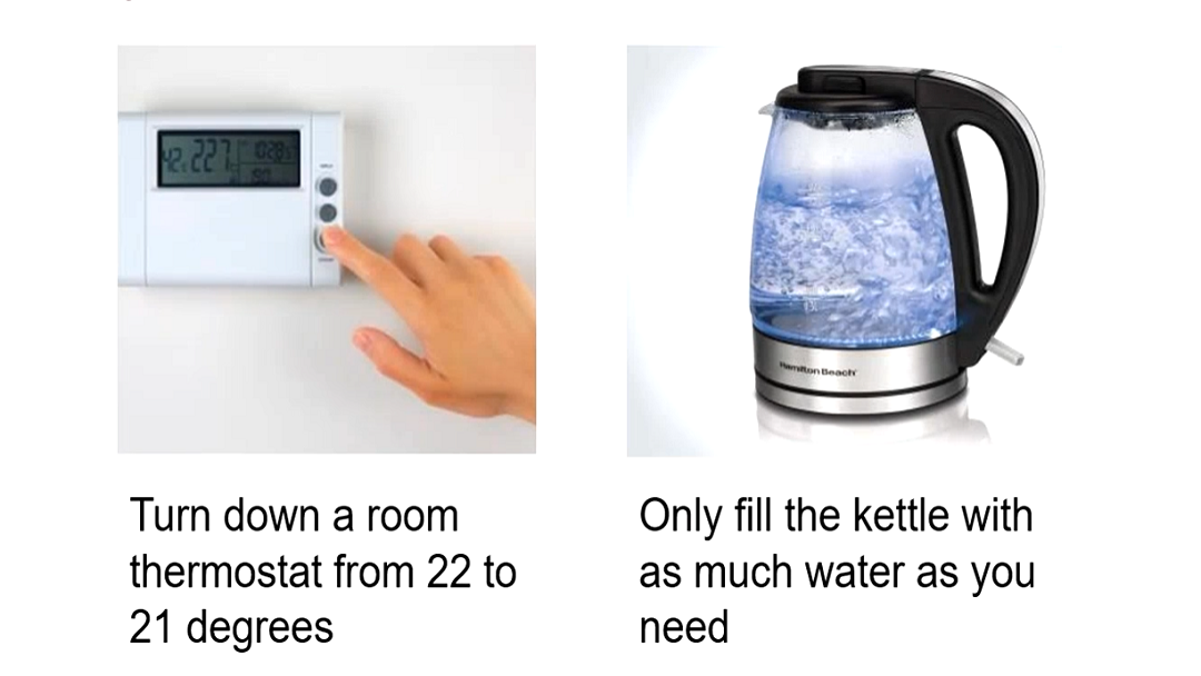 photo of a thermostat being turned down and a kettle boiling