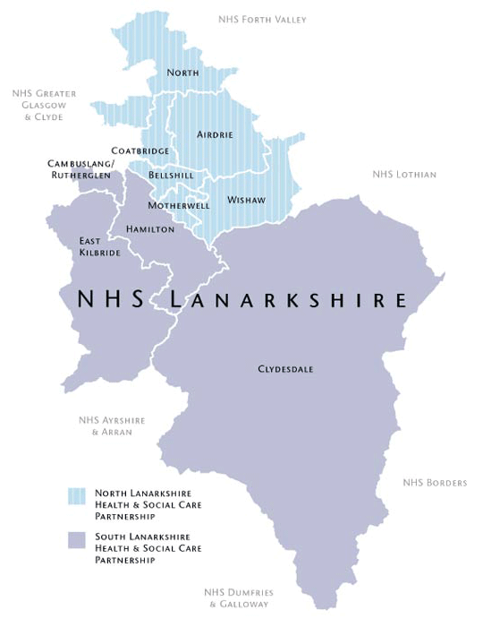 Map of North and South Lanarkshire showing NHS Lanarkshire and the Health and Social Care Partnerships
