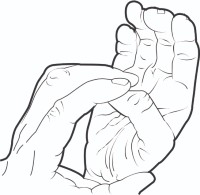 stretch thumb into palm using other hand
