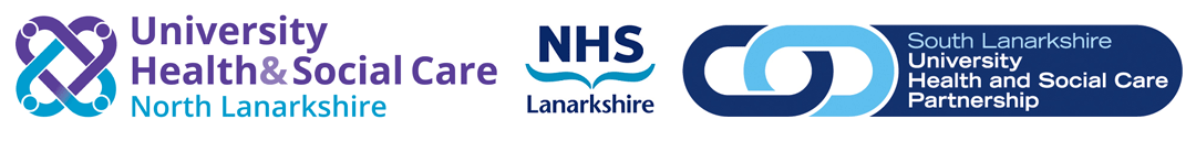 University Health and Social Care North Lanarkshire logo, South Lanarkshire University Health and Social Care Partnership logo and NHS Lanarkshire logo