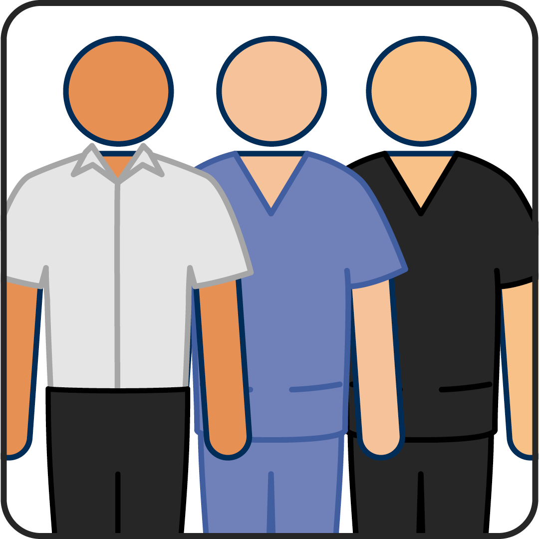 Senior doctors,<br />
doctors and clinicians<br />
Our uniforms<br />
Senior doctors:<br />
• Smart clothes or scrubs<br />
(colours vary)<br />
Doctors/clinicians:<br />
• Scrubs (colours vary)<br />
Our role<br />
We assess and treat patients.<br />
Doctors and clinicians work<br />
under the supervision of senior doctors.