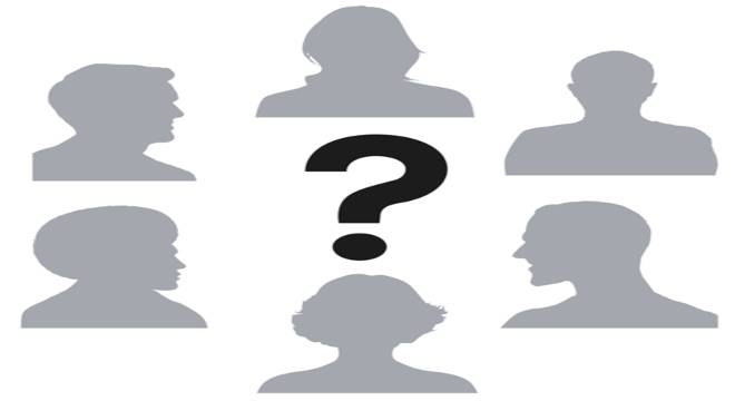 grey outlines of people circling a black question mark