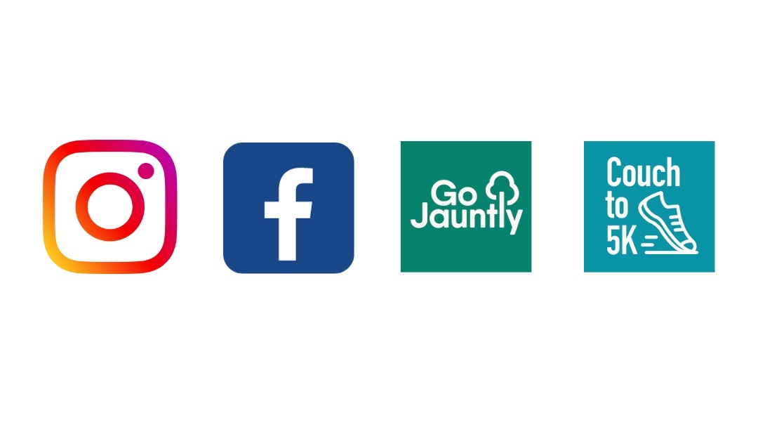 Social apps Icons of social media platforms Instagram and Facebook, exercise performance apps Go Jauntly and Couch to 5K