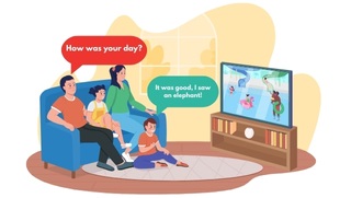 image 10 Graphic of a family watching television and the dad asks the son "How was your day?" and the son replied "It was good, I saw an elephant"