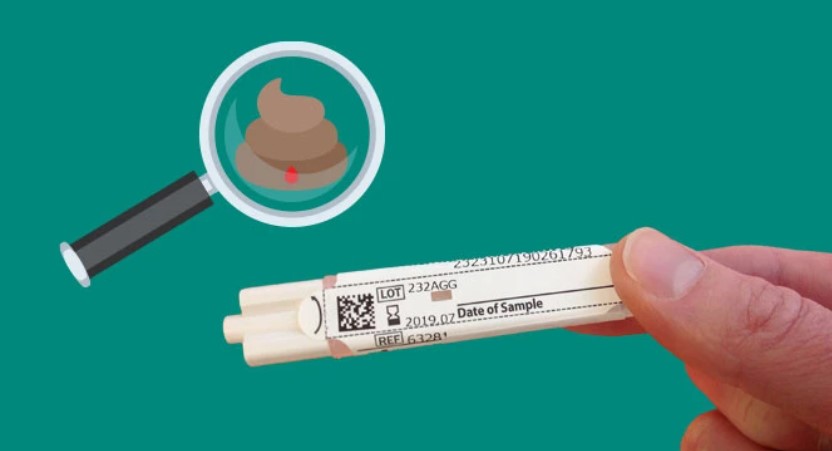 Image of bowel screening test beside a cartoon stool with blood in it