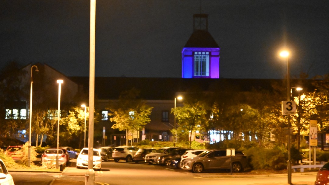 University Hospital Wishaw lit up pink and blue