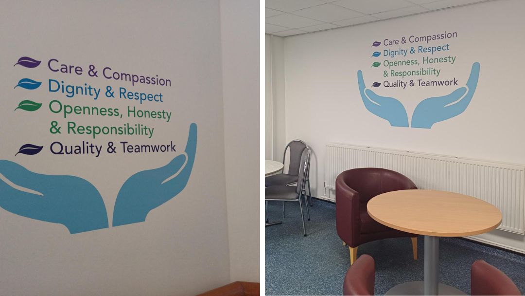 values branding images of values graphics on walls in lanarkshire sites
