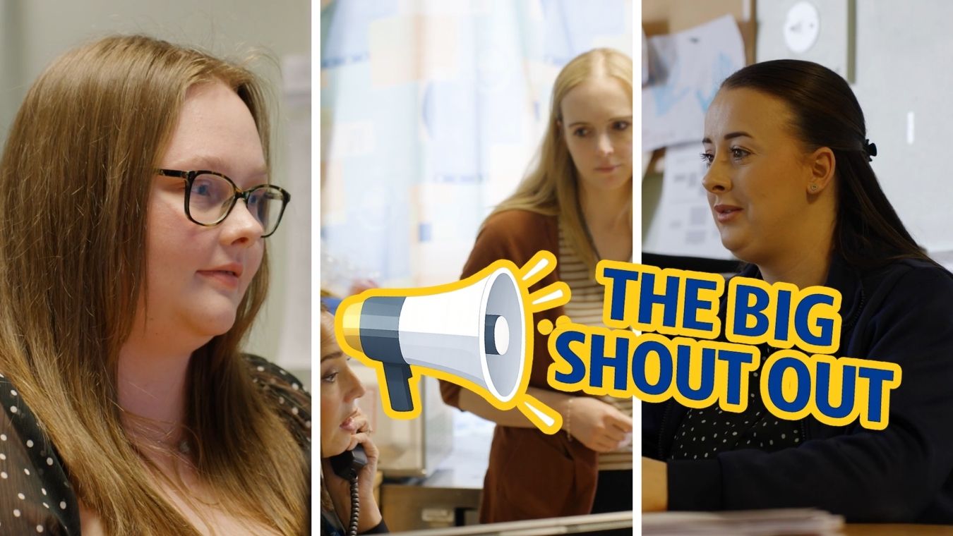 The Big Shout Out logo with 3 members of NHS Lanarkshire's Theatre Schedulers.