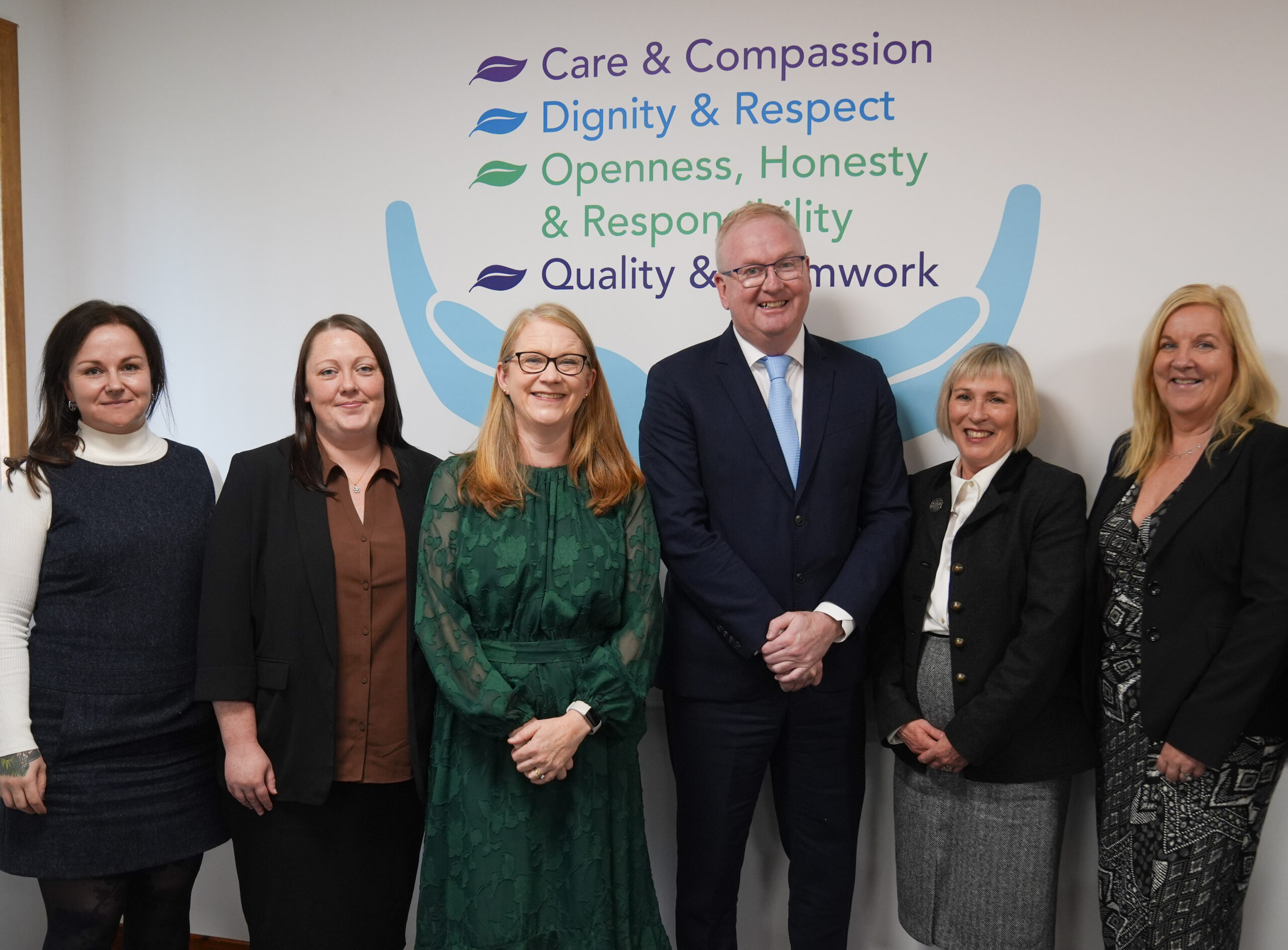Group photo of Mairead Doyle, Heather Downie, Cabinet Secretary Ms Sommerville, James Muir, non-executive director, Jacqui Jones, Director of HR and Deputy Chief Executive and Lorraine Scott, HR Business Partner – Employability